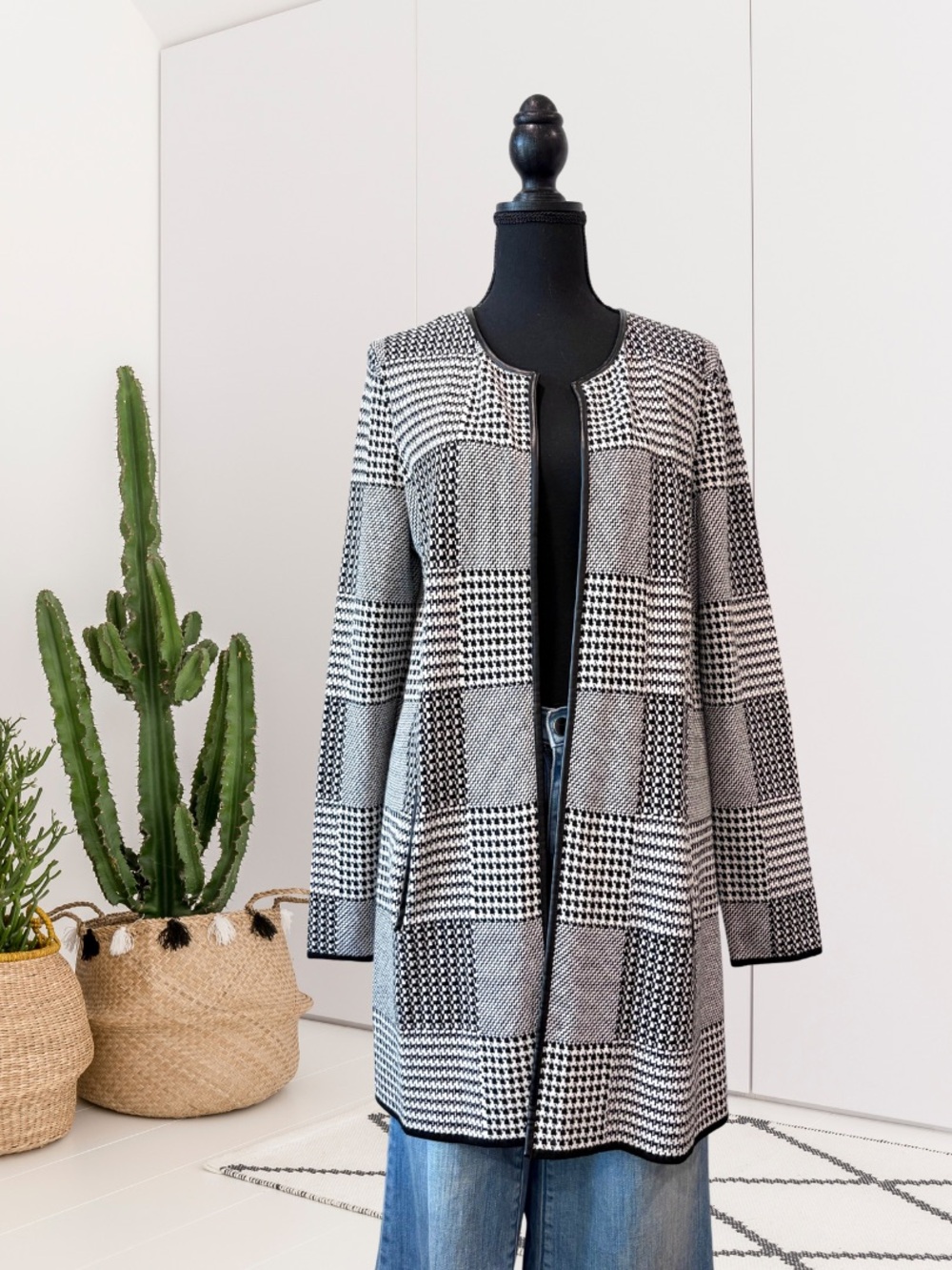 Talbots Double Knit Houndstooth Plaid Open Front Knit Cardigan Sweater